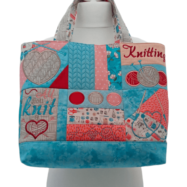 Aqua Embroidered Quilted Knitting Tote Project Bag - Image 2