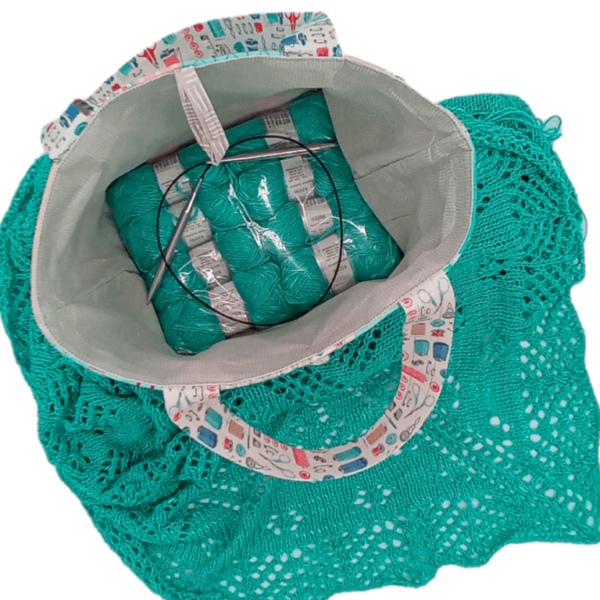 Aqua Embroidered Quilted Knitting Tote Project Bag - Image 8