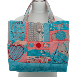 Aqua Embroidered Quilted Knitting Tote Project Bag