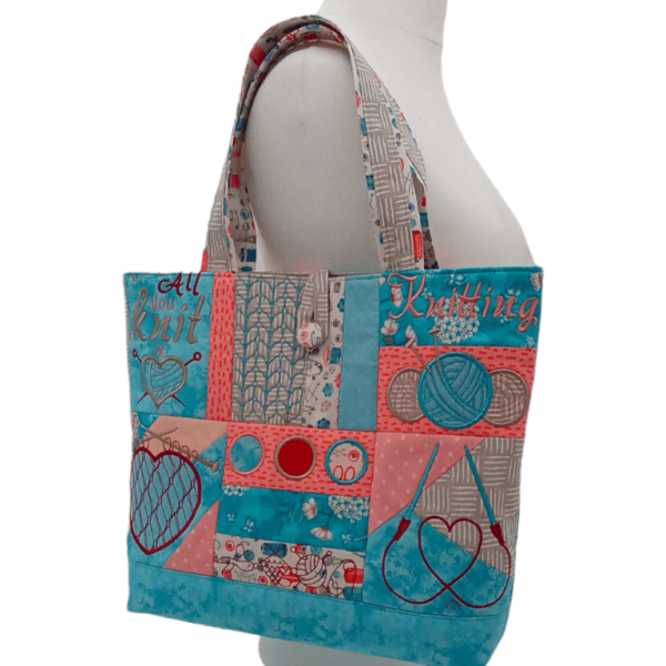 Aqua Embroidered Quilted Knitting Tote Project Bag - Image 4