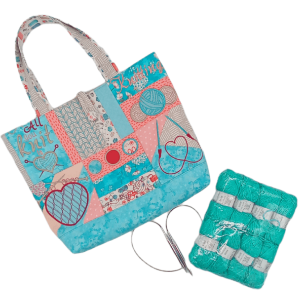 Aqua Embroidered Quilted Knitting Tote Project Bag - Image 3